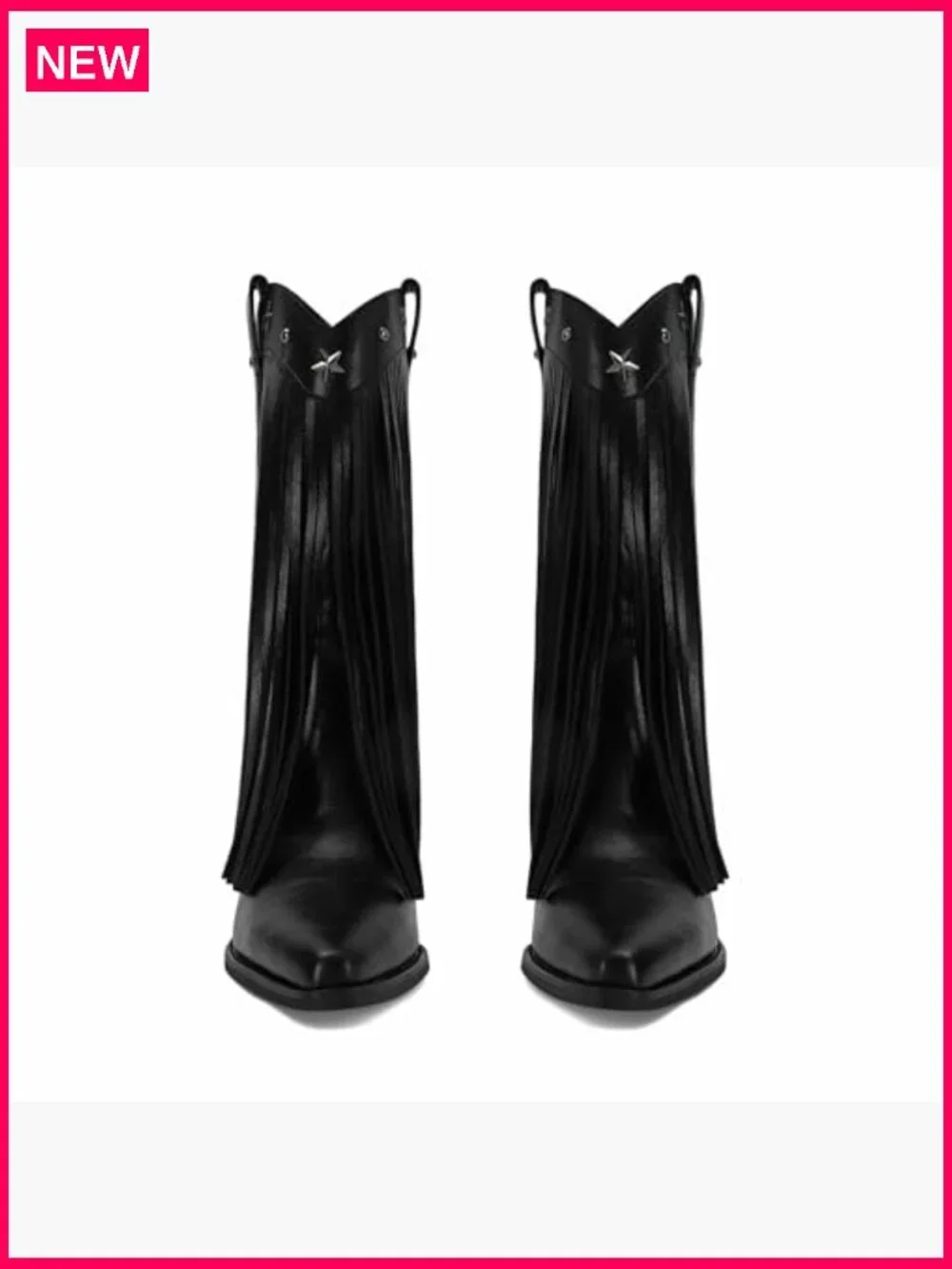 Fringe Western Boots Mid Calf Chunky Heel Pointed Toe Pull On Cowgirl Boots
